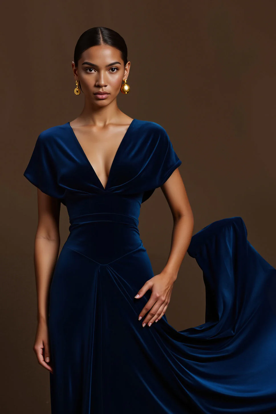 Simple Royal Blue V-Neck Long Holiday Party Dress with Sleeves - VNBITS