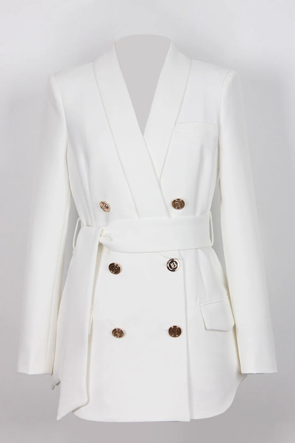 Black Shawl Lapel Double Breasted Long Women Blazer with Belt - VNBITS
