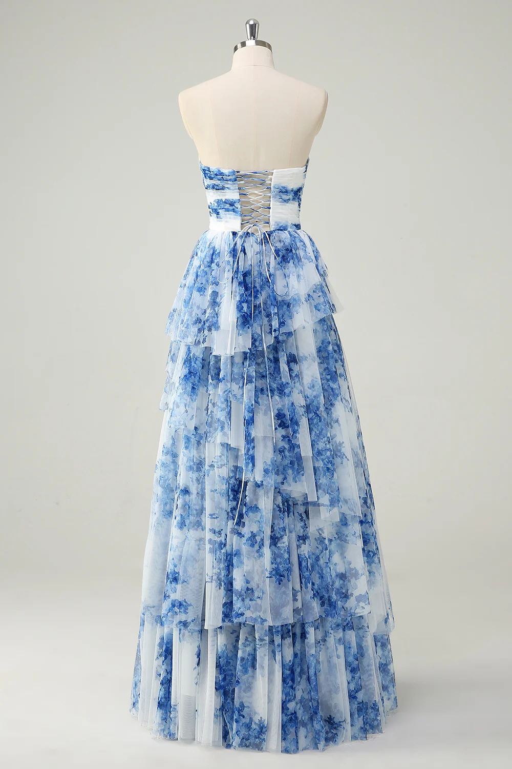 White Blue Flower Tiered Sweetheart A-Line Long Prom Dress - VNBITS