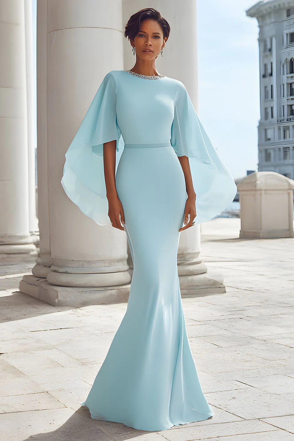 Light Blue Mermaid Long Mother of the Bride Dress with Sleeves - VNBITS