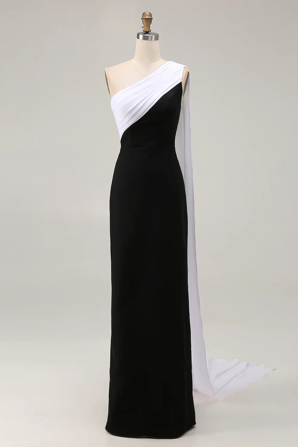 Black White Sheath One Shoulder Long Satin Formal Dress with Side Cape - VNBITS