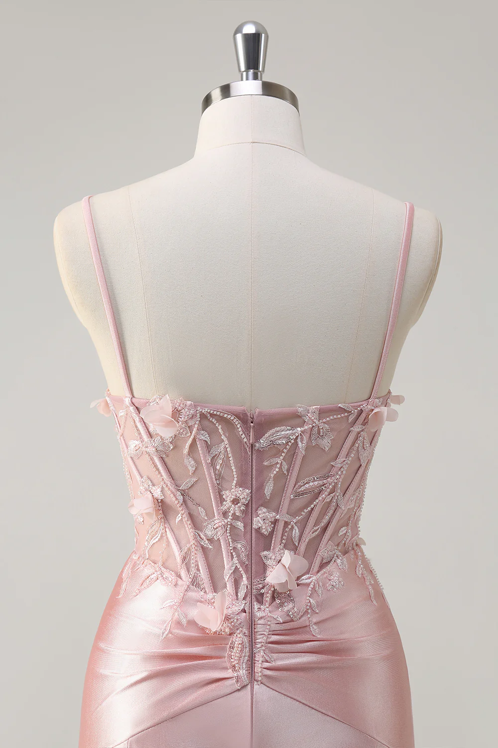 Pink Floral Mermaid Spaghetti Straps Beaded Long Prom Dress - VNBITS