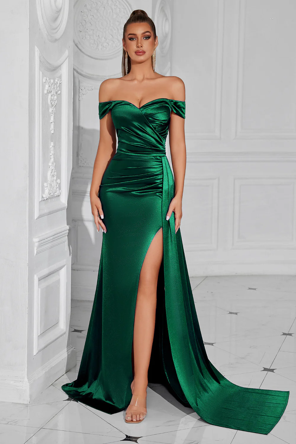 Dark Green Mermaid Off The Shoulder Ruched Long Prom Dress with Slit - VNBITS