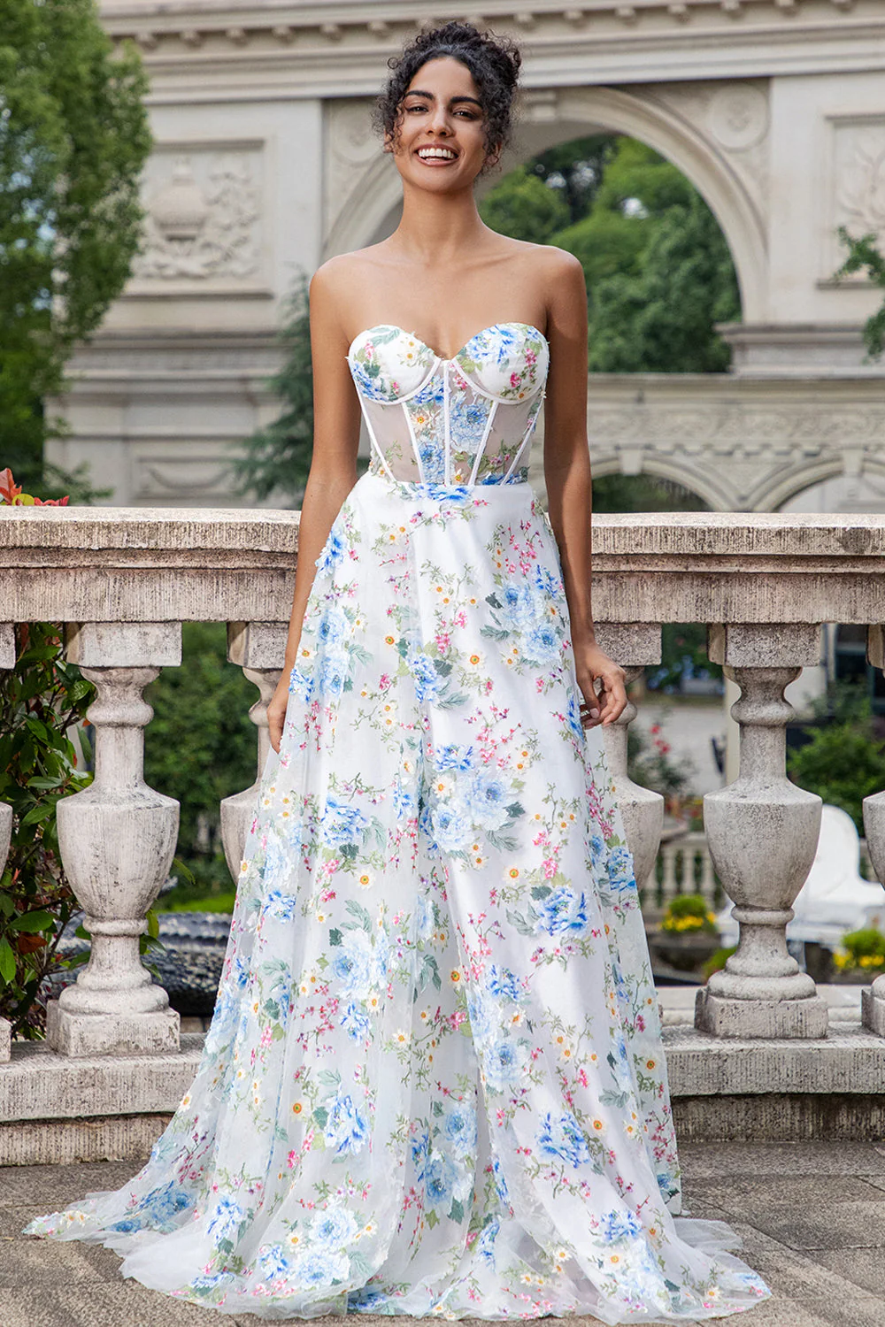 White Blue Flower A Line Sweetheart Corset Long Prom Dress with Slit - VNBITS
