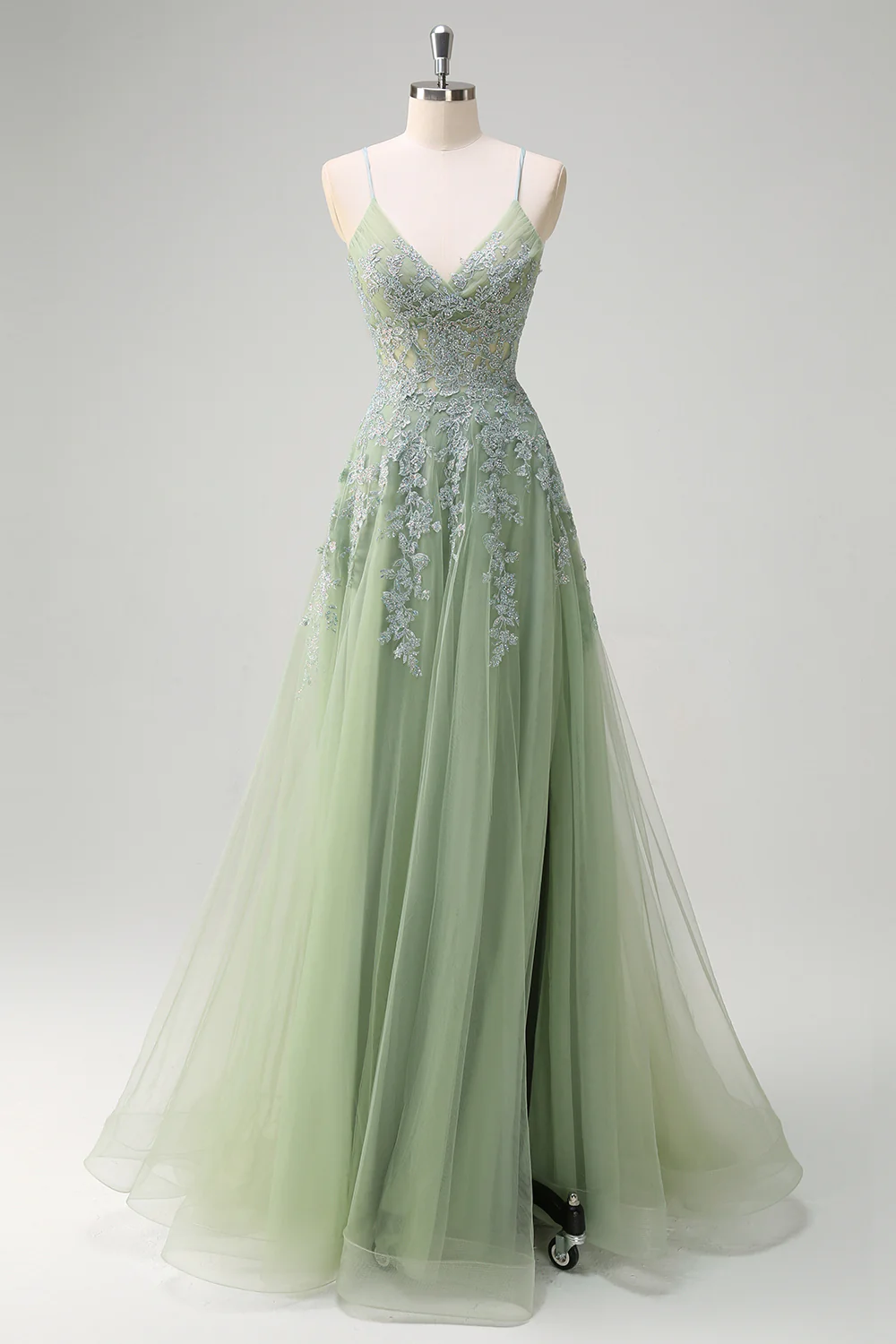 Green Floral A-Line Spaghetti Straps Corset Long Prom Dress with Slit - VNBITS