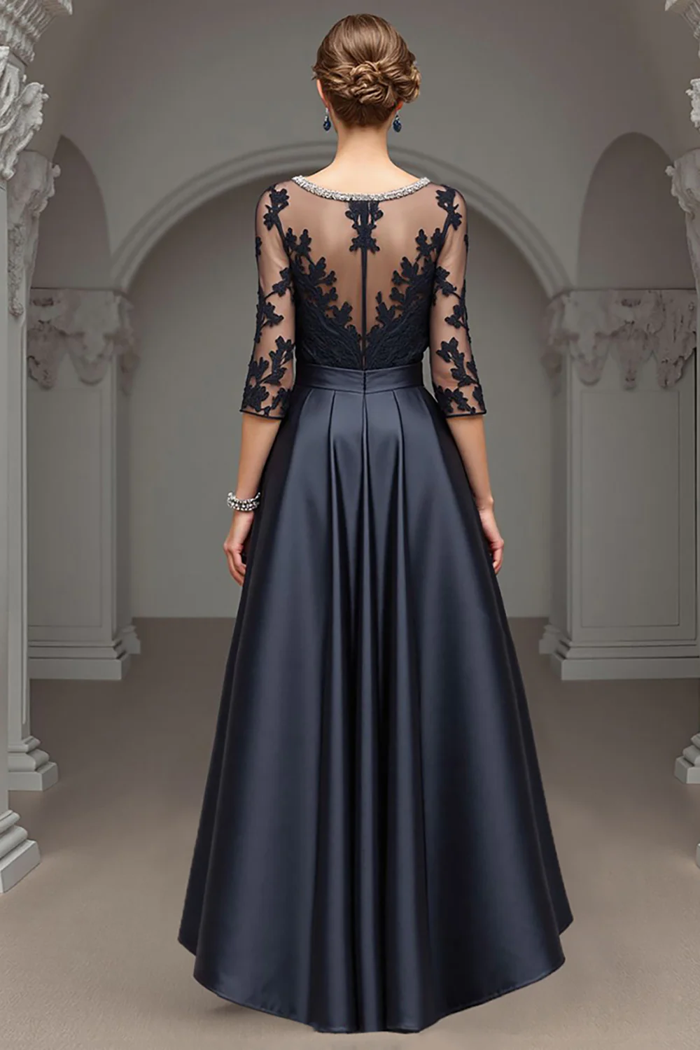 Navy A Line Long Satin Mother of the Bride Dress with Lace - VNBITS