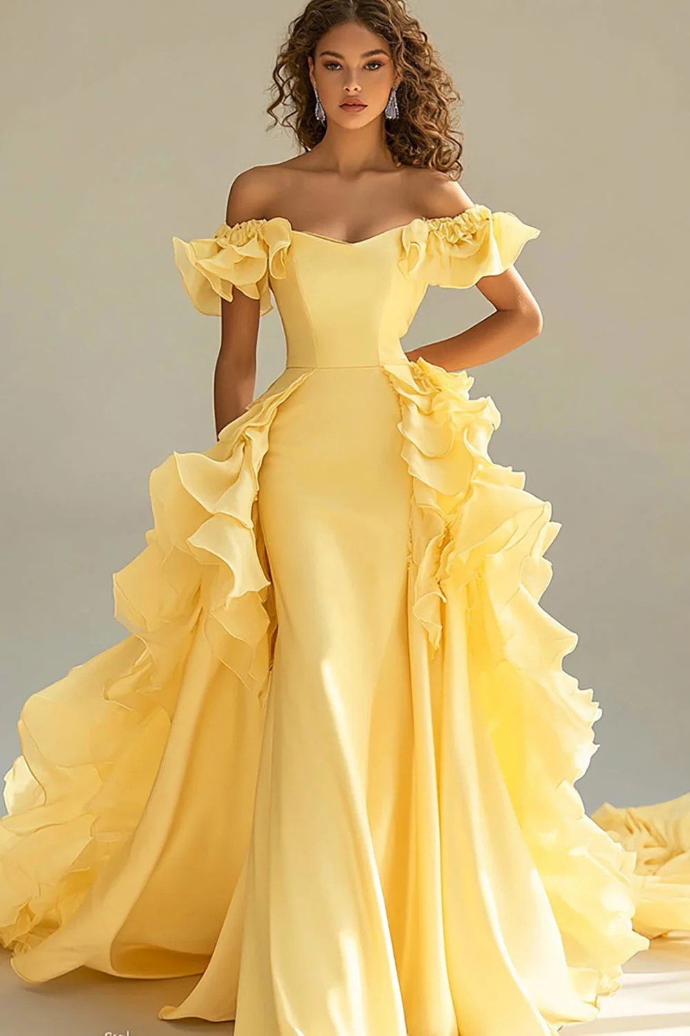Yellow Satin Long Off the Shoulder Prom Dress with Ruffles - VNBITS