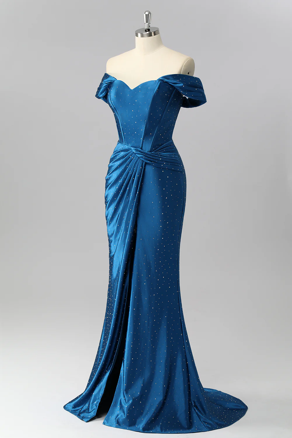 Sparkly Dark Blue Off the Shoulder Satin Mermaid Long Corset Prom Dress with Beading - VNBITS