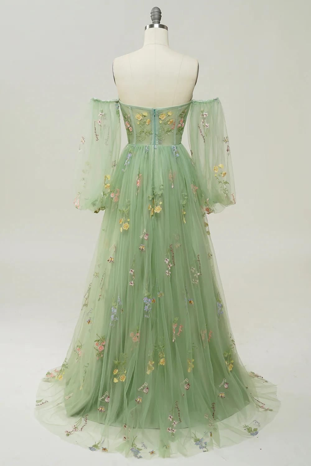 Green Off Shoulder Floral Long Prom Dress - VNBITS