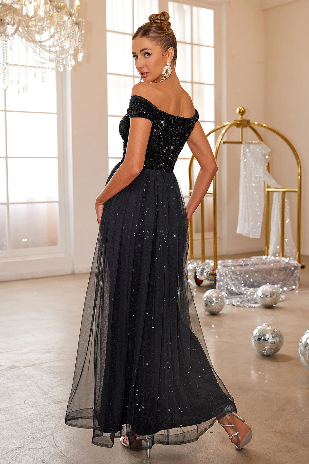 Black Mermaid Off The Shoulder Sequin Long Prom Dress With Tulle - VNBITS