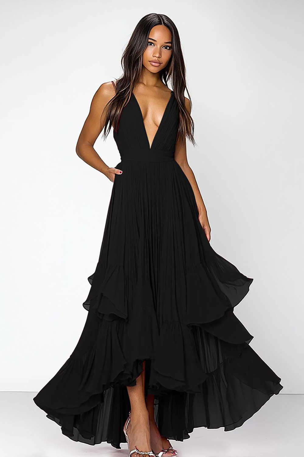 Dusty Blue A Line Deep V-Neck Long Formal Dress with Ruffles - VNBITS