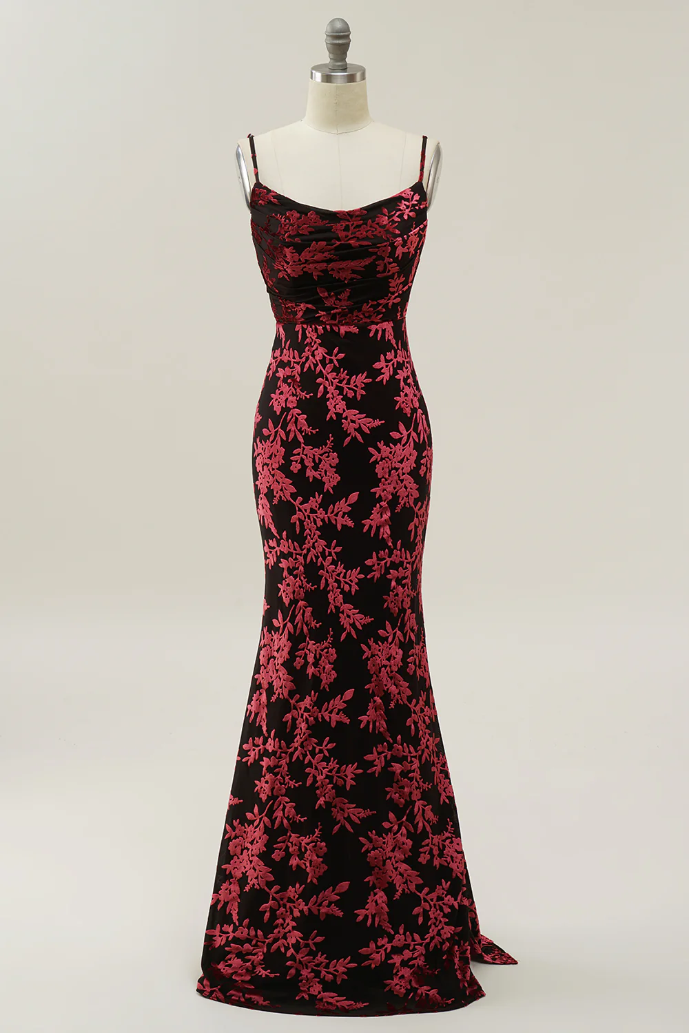 Sheath Spaghetti Straps Burgundy Printed Velvet Long Prom Dress with Silt - VNBITS