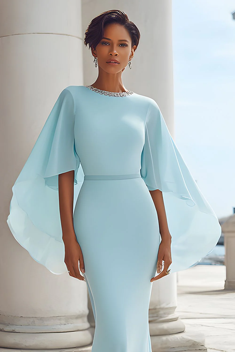 Light Blue Mermaid Long Mother of the Bride Dress with Sleeves - VNBITS
