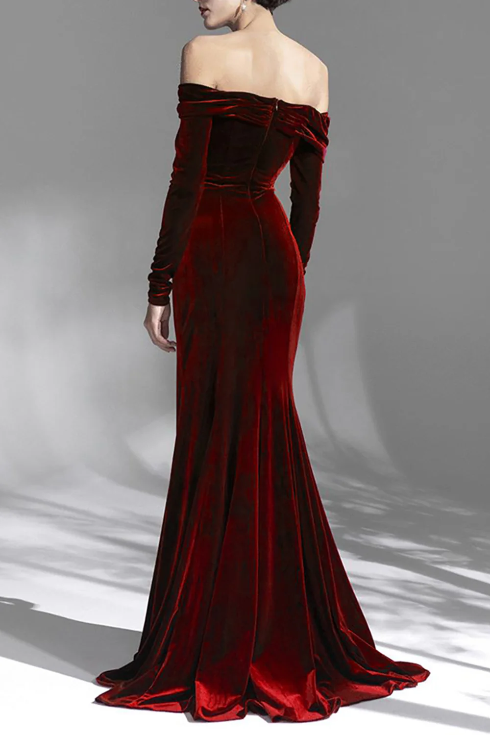 Burgundy Velvet Off the Shoulder Long Sleeves Floor Length Evening Dress - VNBITS