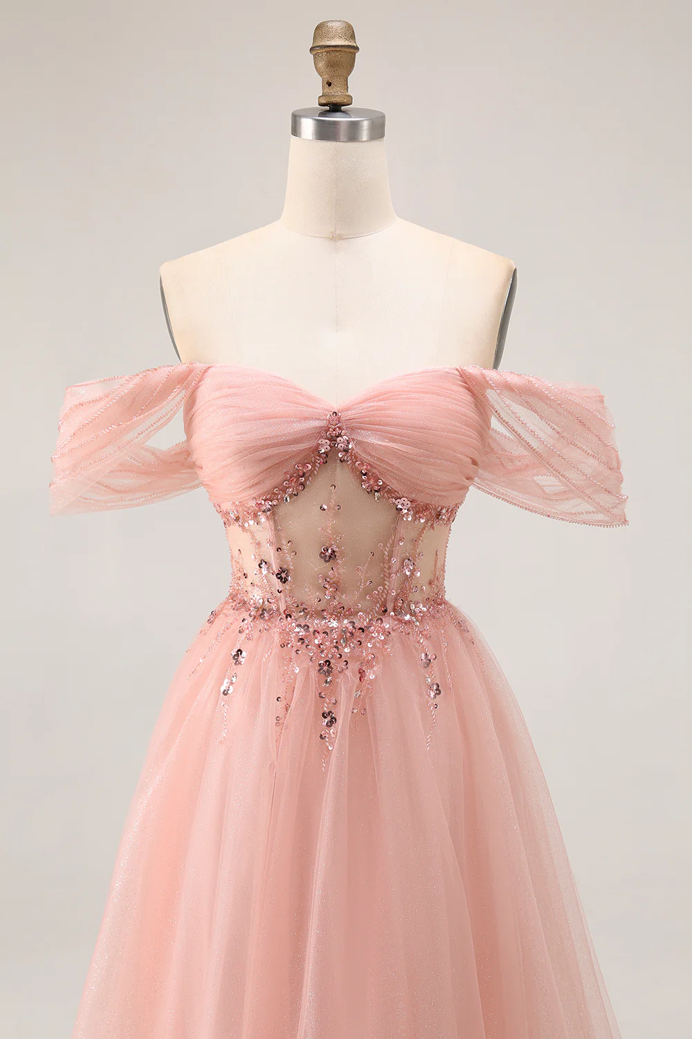 Sparkly Blush Off the Shoulder Long Prom Dress with Sequins - VNBITS
