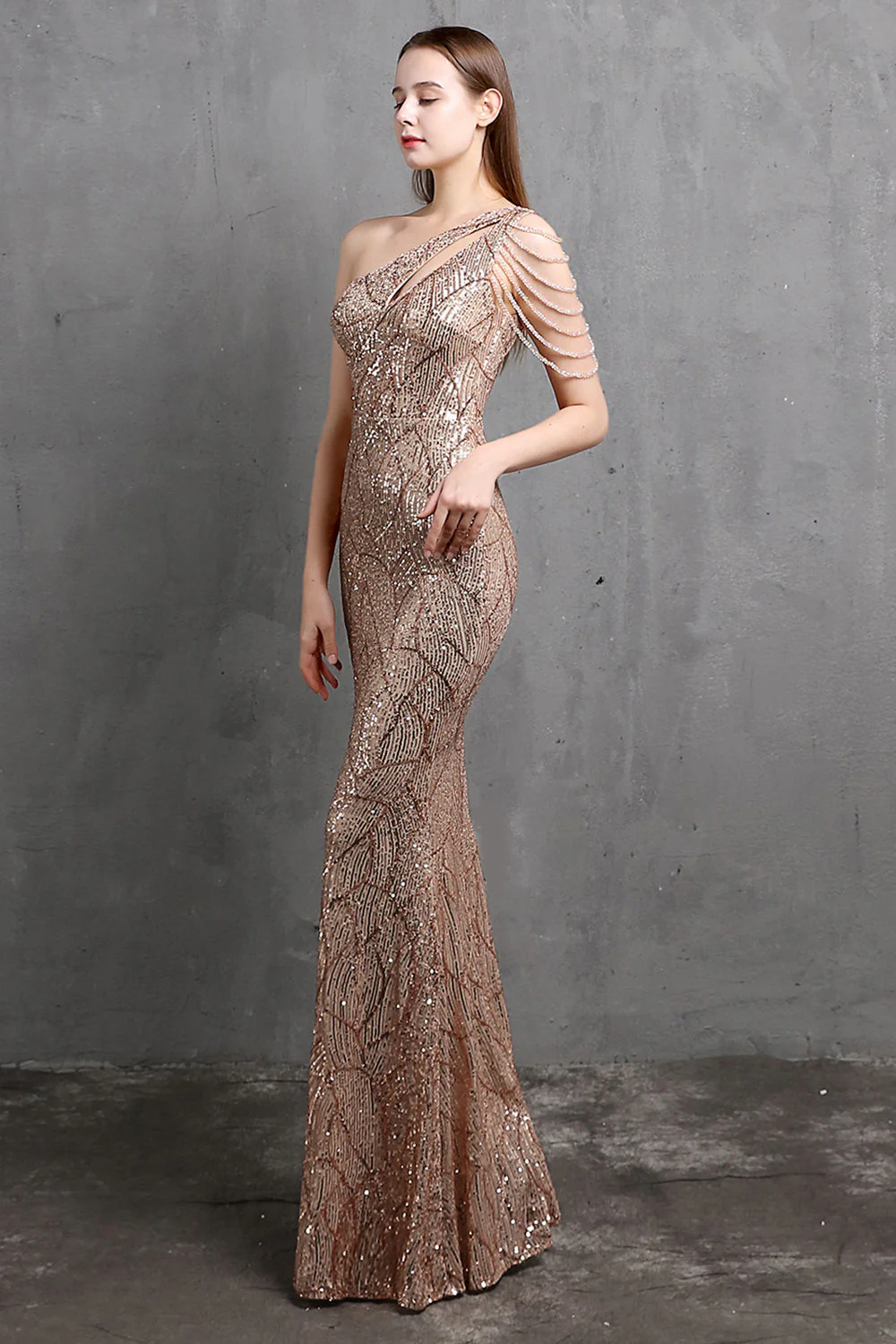 Gold Mermaid One Shoulder Sequin Prom Dresses - VNBITS