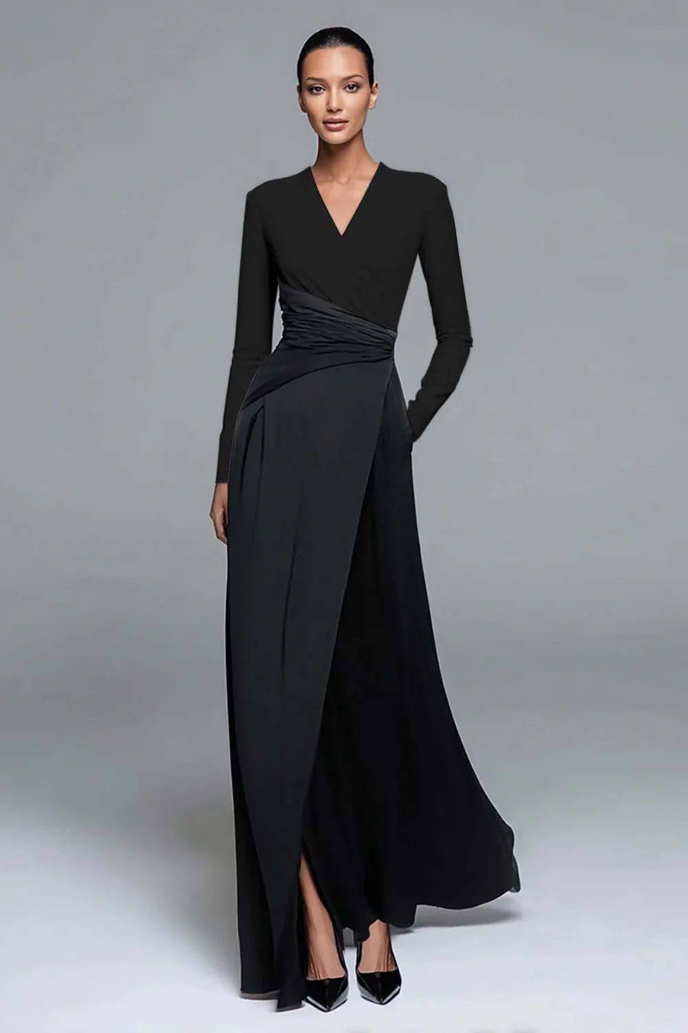 Black and White Patchwork Long Formal Dress with Pockets - VNBITS
