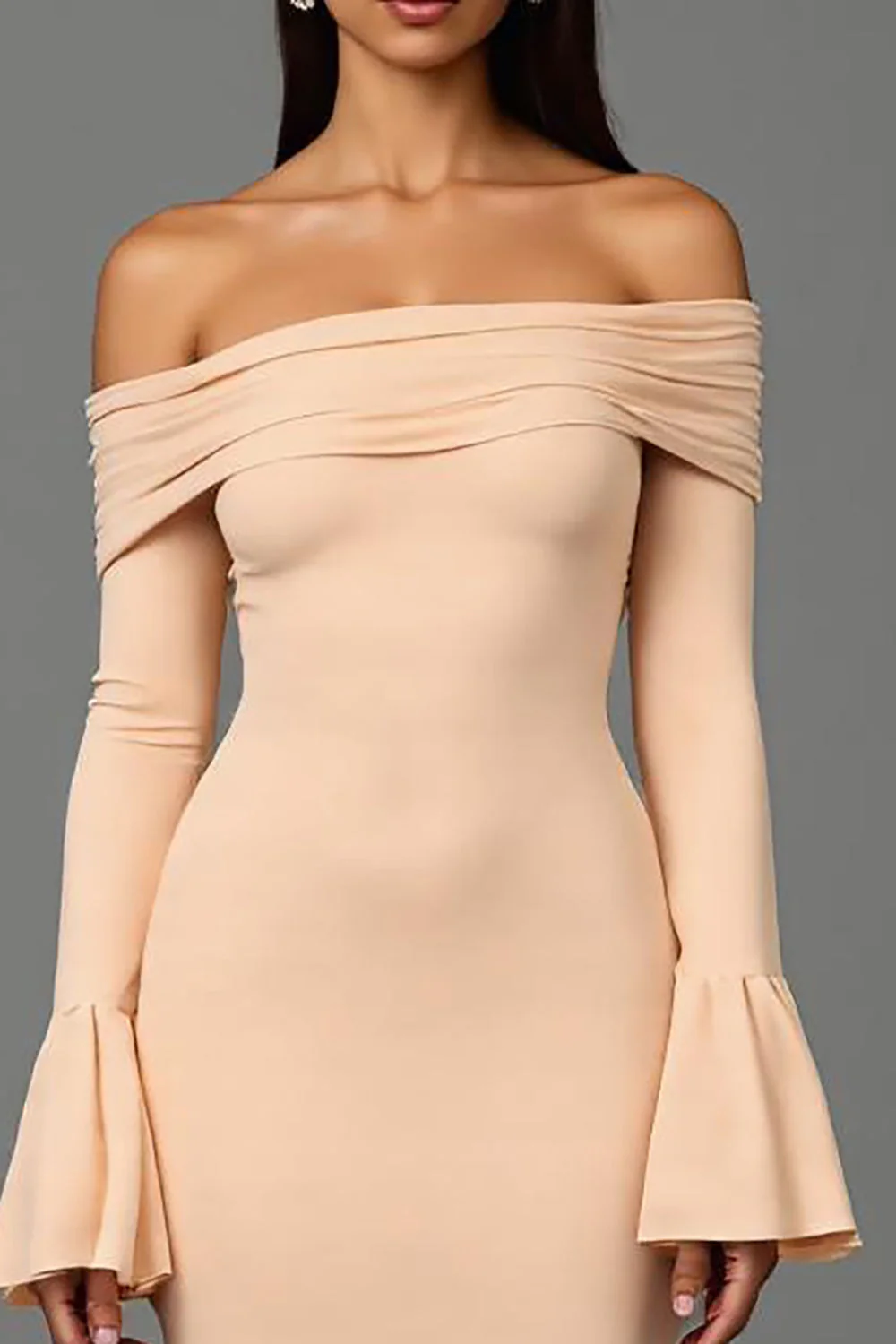 Apricot Off the Shoulder Sheath Long Sleeves Formal Dress - VNBITS