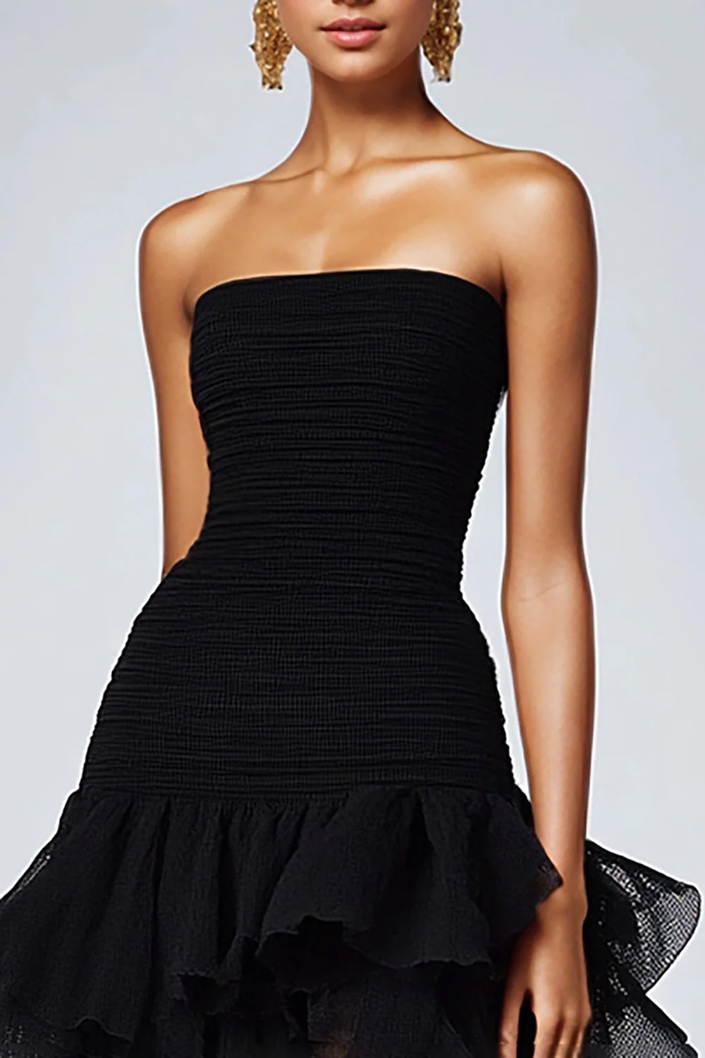 A Line Black Strapless Tiered Formal Dress with Slit - VNBITS