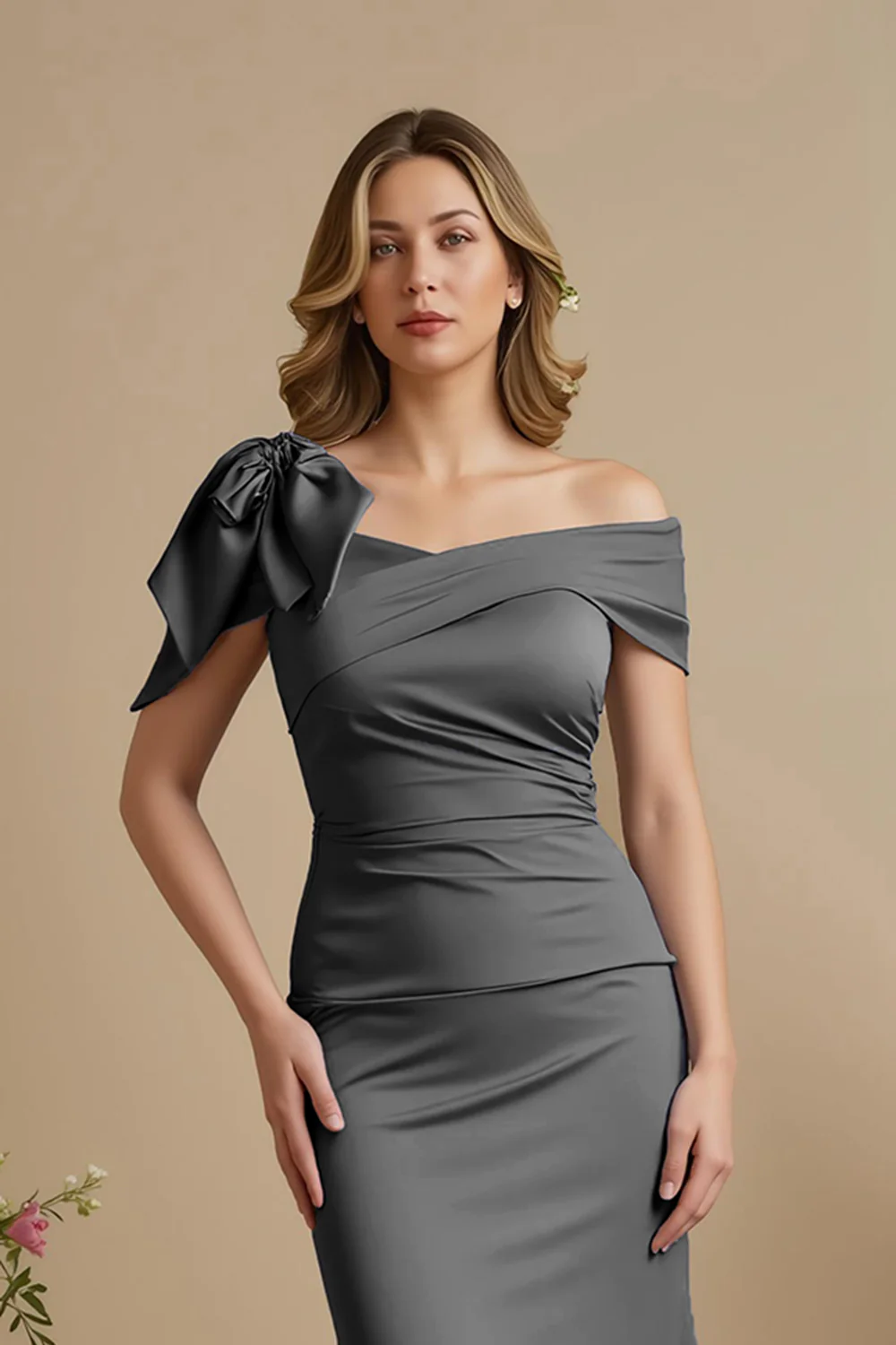 Dusty Blue Satin Mermaid Ruched Long Mother of the Bride Dress with Bow - VNBITS
