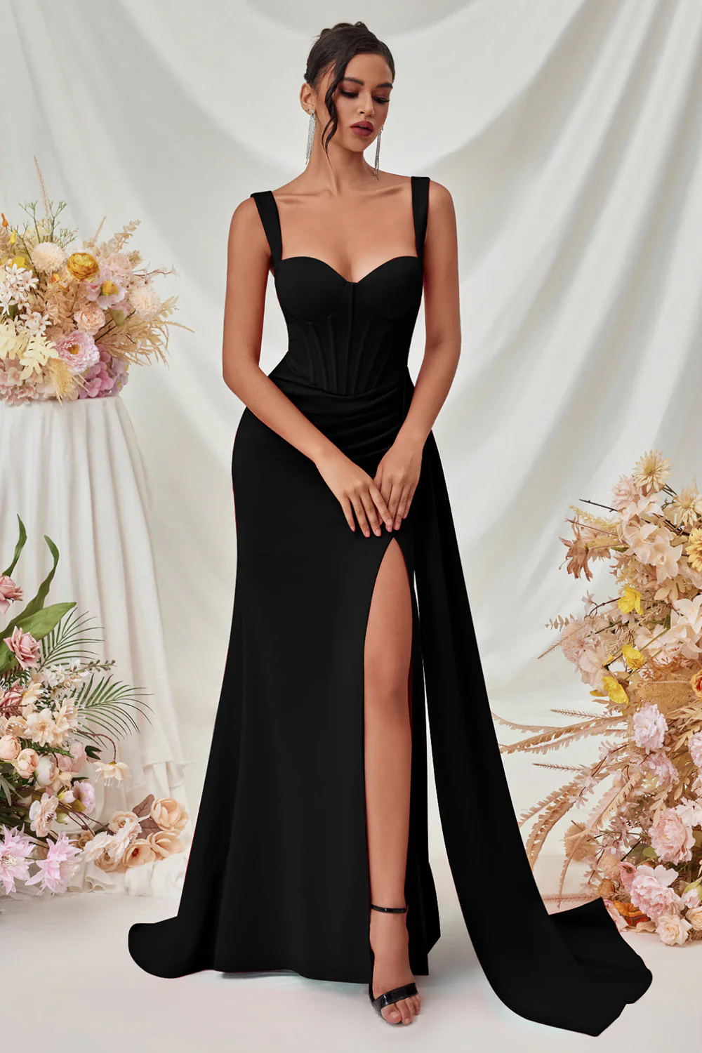 Simple Black Mermaid Long Prom Dress with Side Cape - VNBITS