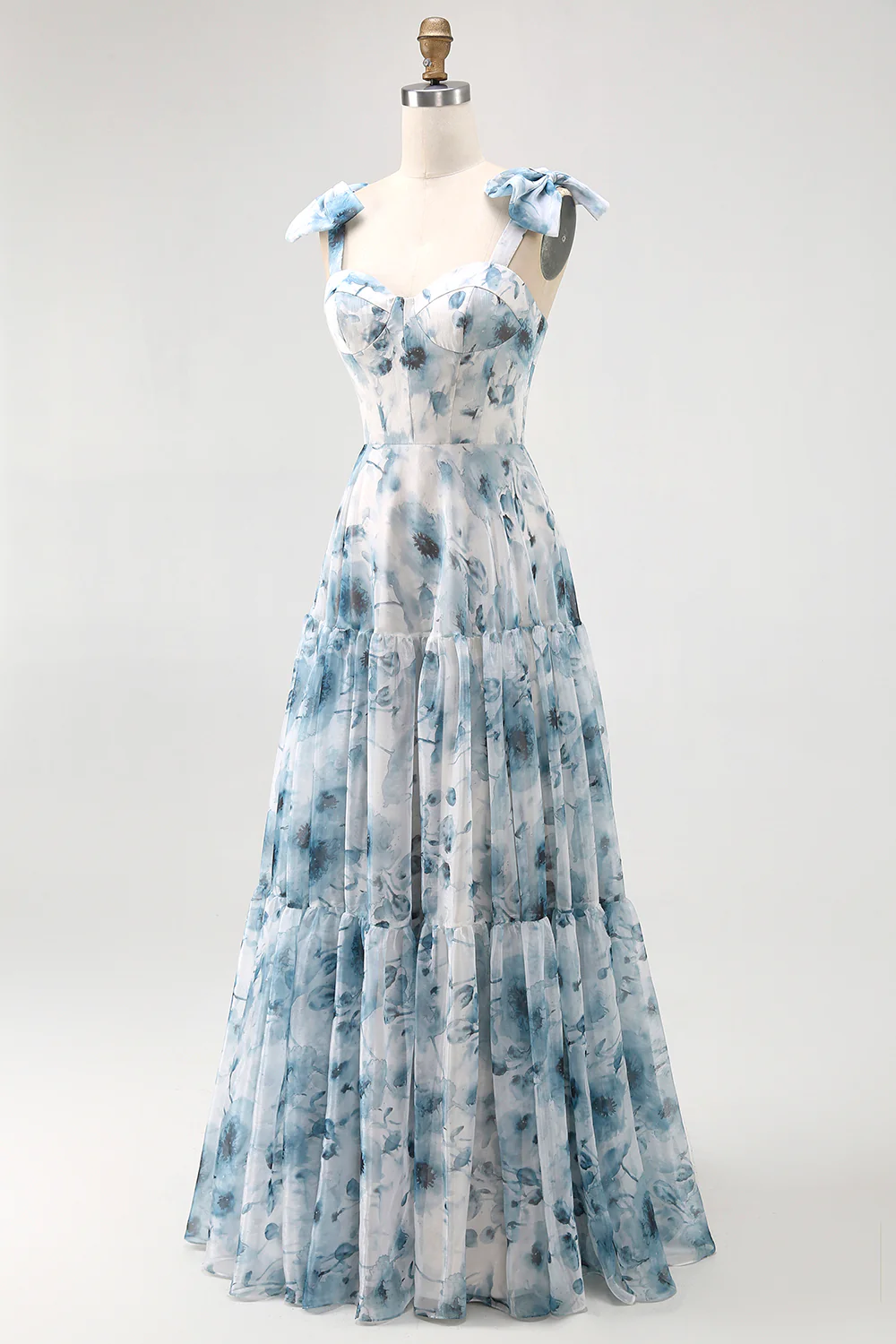 Blue A Line Floral Chiffon Long Bridesmaid Dress with Bows - VNBITS