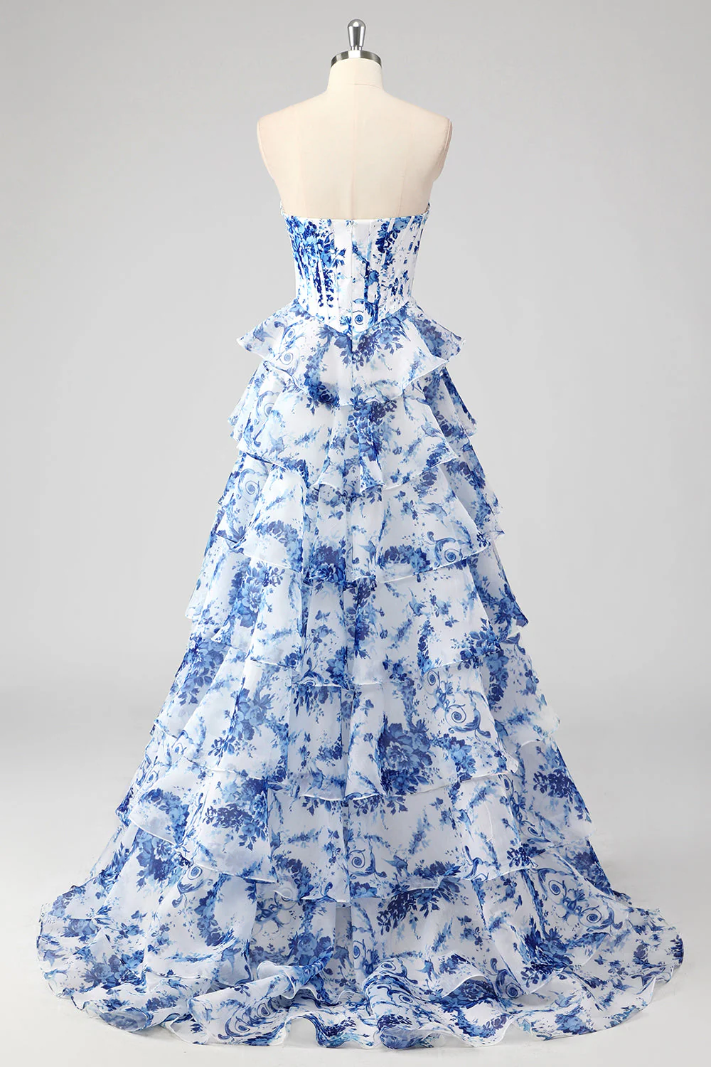 Blue White Flower A-Line Sweetheart Tiered Long Prom Dress with Slit - VNBITS