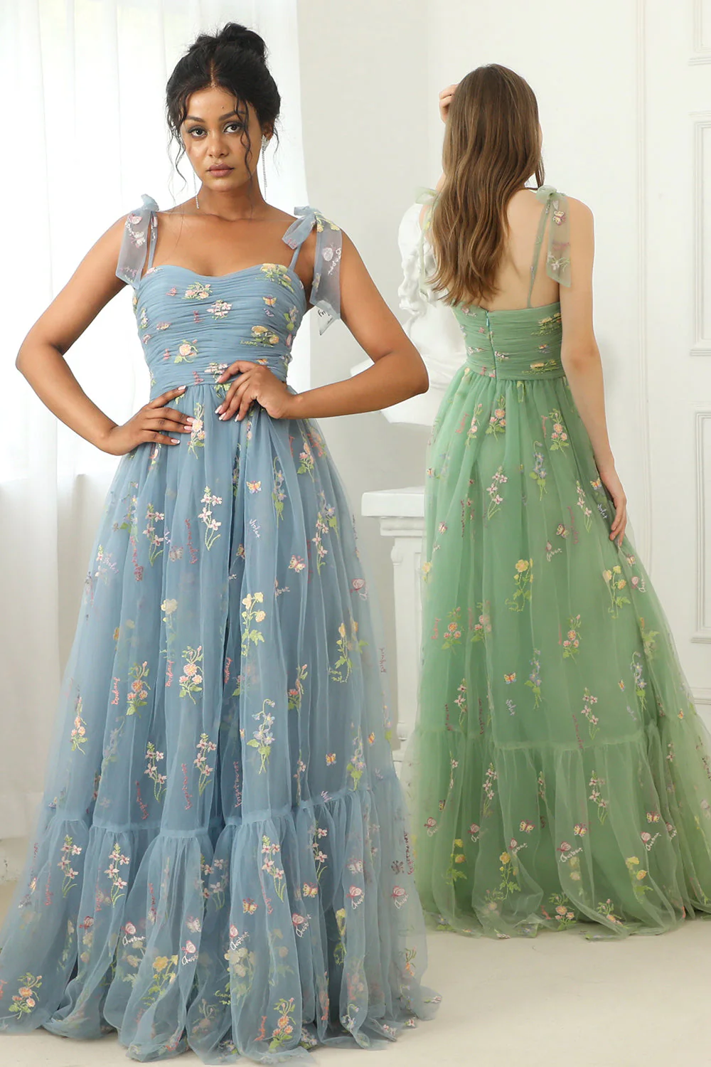 Grey Blue Long Prom Dress With Embroidery - VNBITS