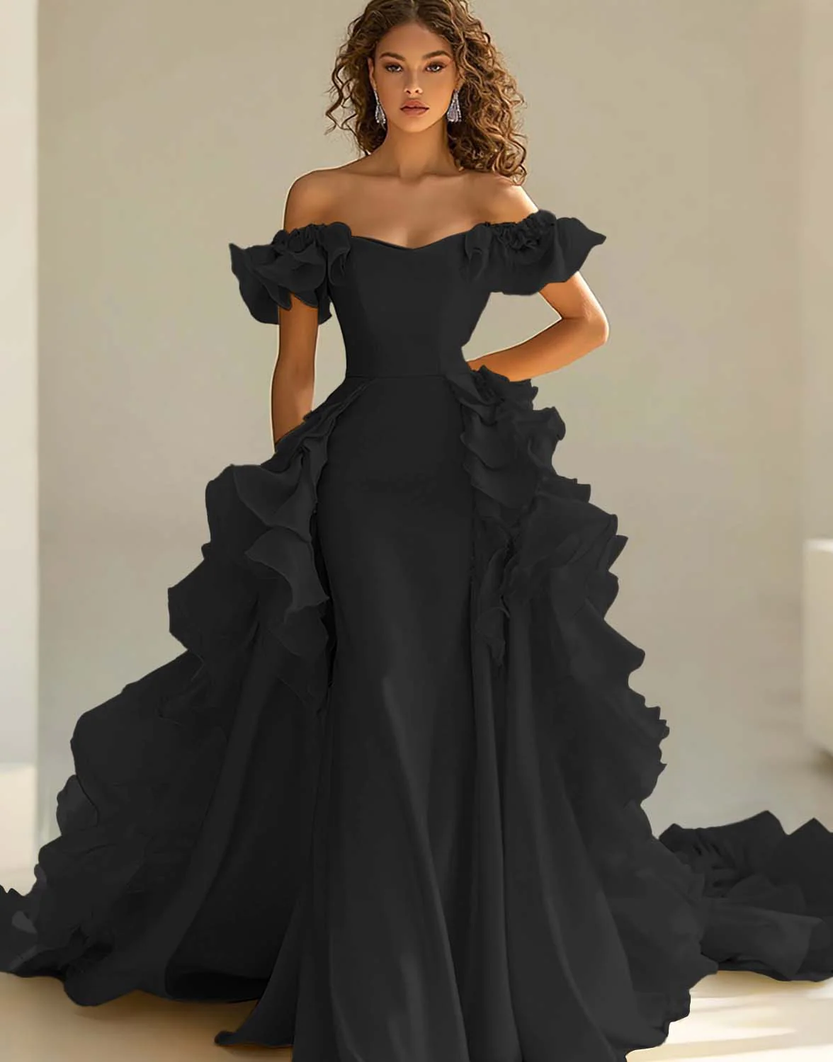 Yellow Satin Long Off the Shoulder Prom Dress with Ruffles - VNBITS