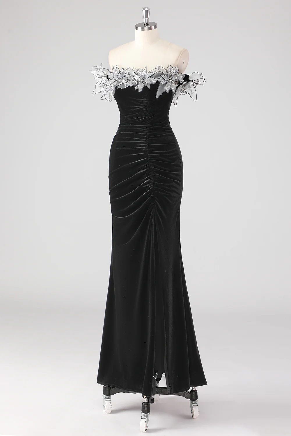 Black Velvet Sheath Formal Dress with 3D Flowers - VNBITS