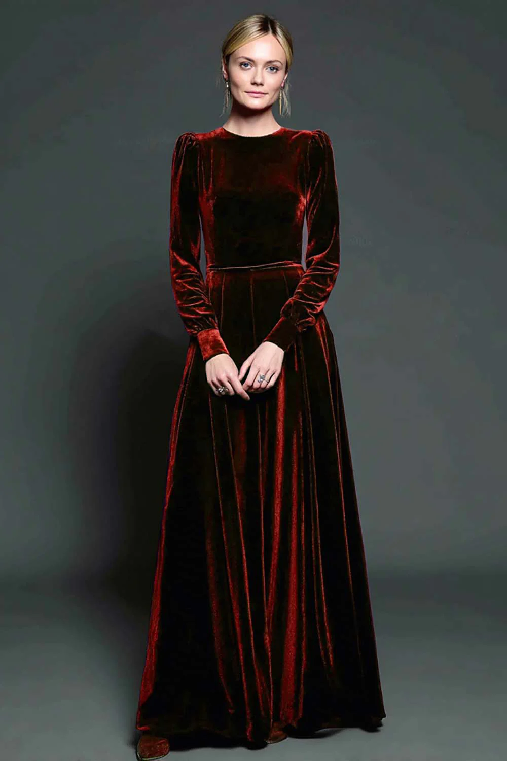 Simple Dark Purple Velvet A Line Long Holiday Party Dress with Sleeves - VNBITS