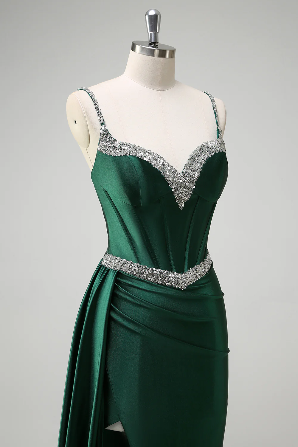 Dark Green Sequined Spaghetti Straps Mermaid Long Prom Dress with Slit - VNBITS