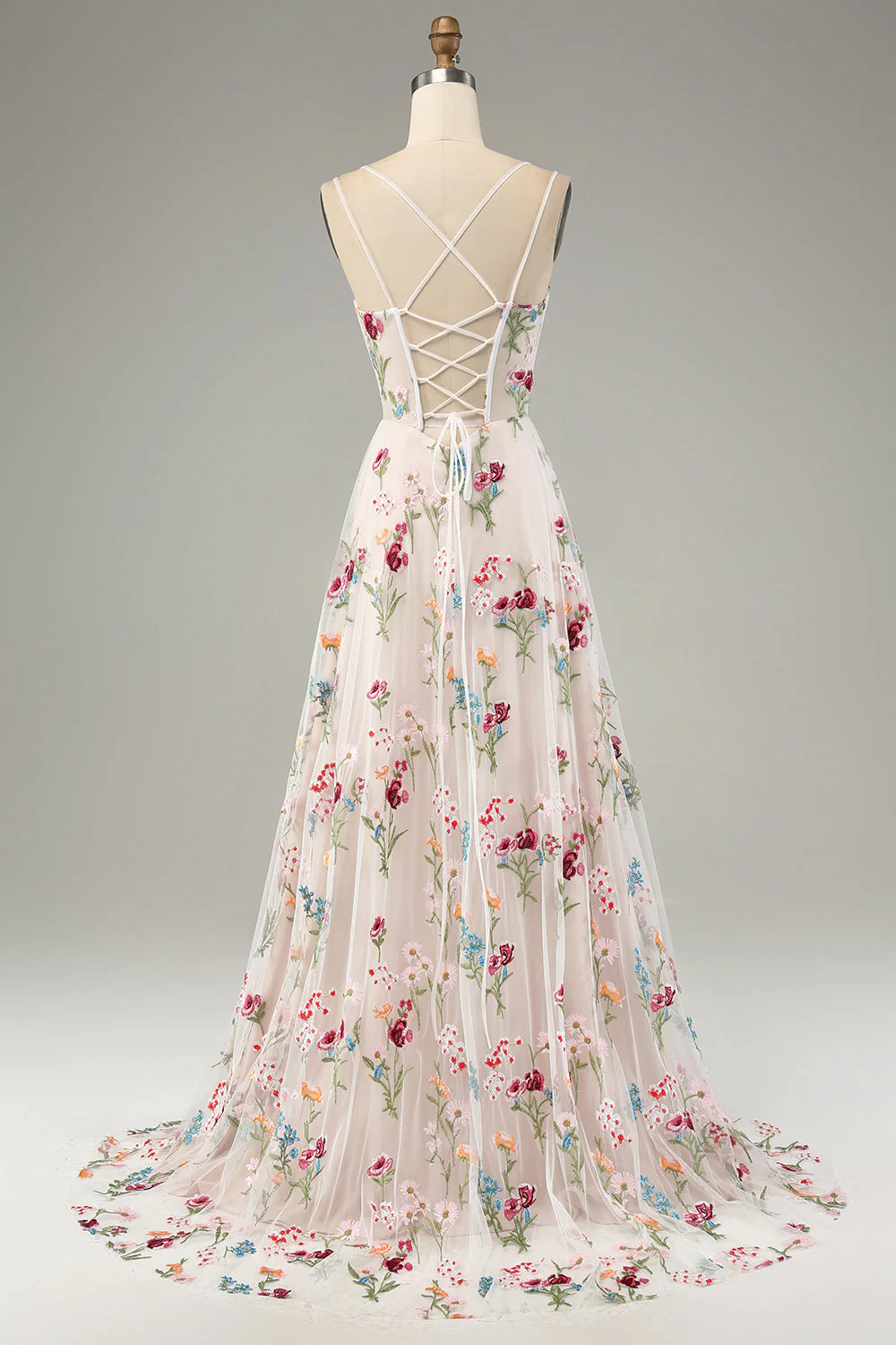 Ivory Flower A-Line Spaghetti Straps Corset Long Prom Dress With Slit - VNBITS