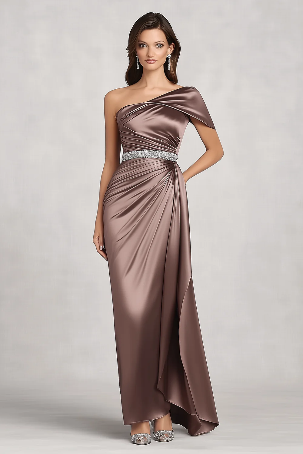 Taupe Satin One Shoulder Mother of Bride Dress - VNBITS