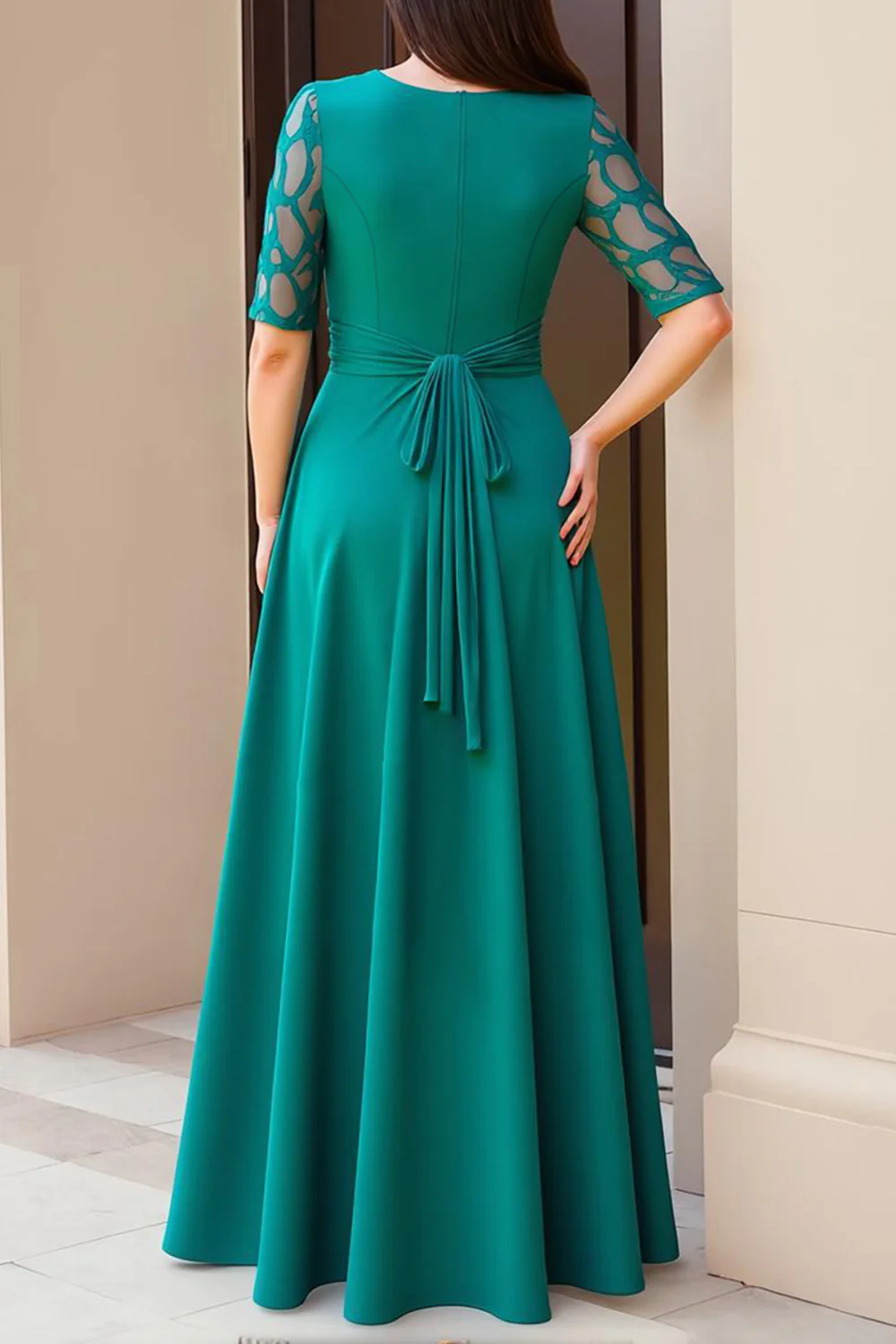 Pine Sheath Chiffon Boat Neck Long Wedding Guest Dress with Sleeves - VNBITS