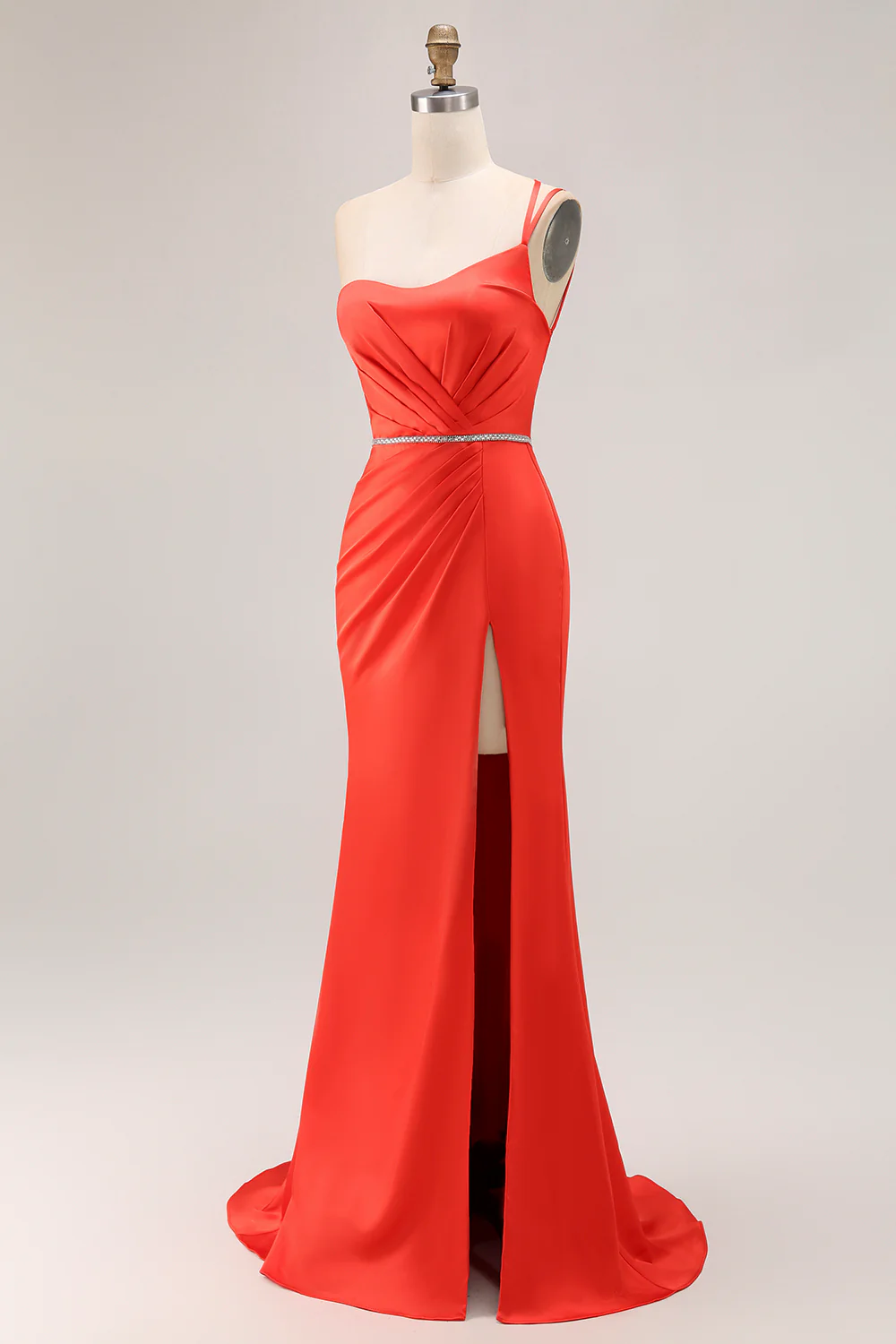 Orange One Shoulder Ruched Mermaid Long Prom Dress with Slit - VNBITS