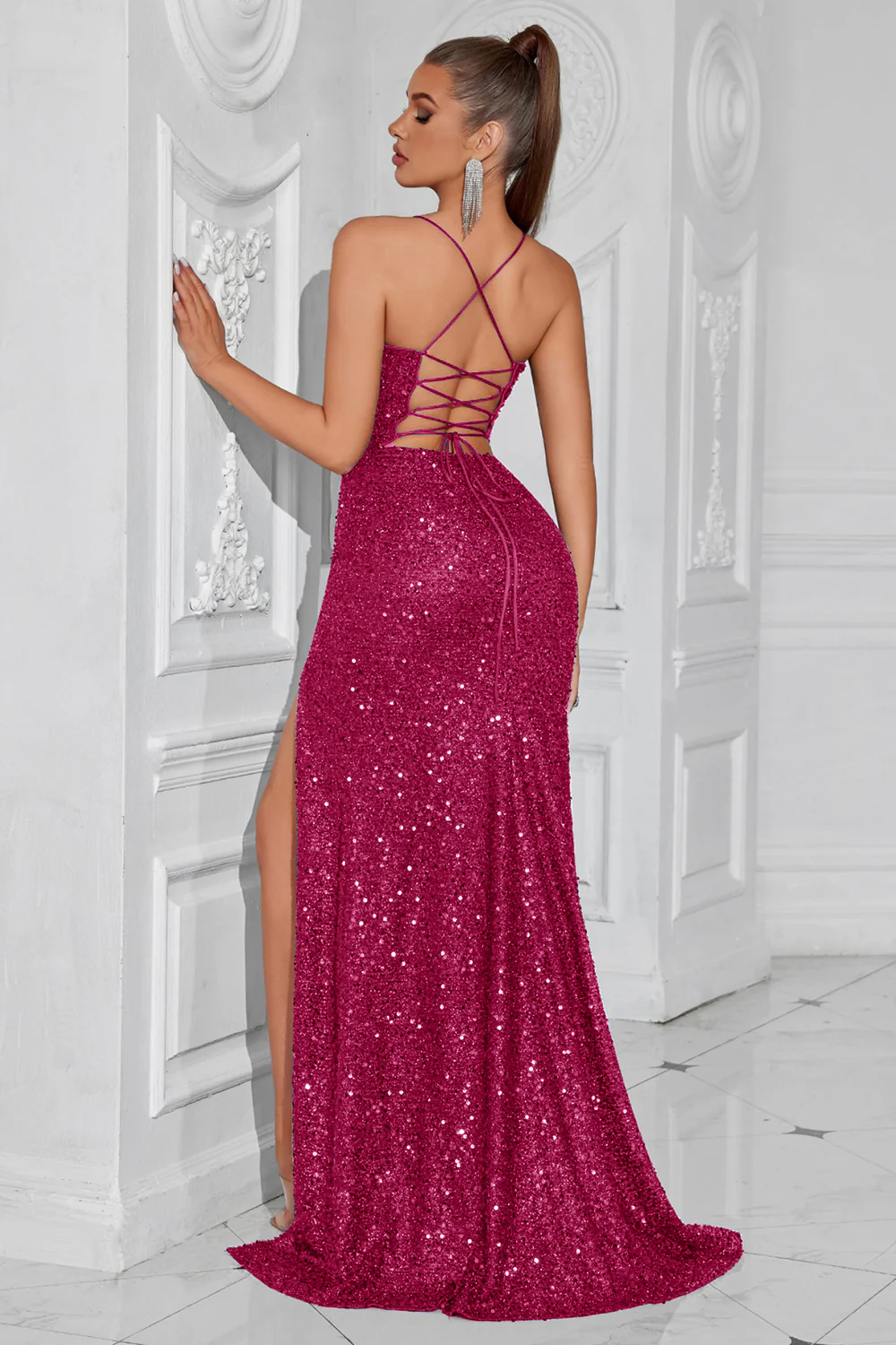 Sparkly Golden Sequin Spaghetti Straps Long Prom Dress with Slit - VNBITS