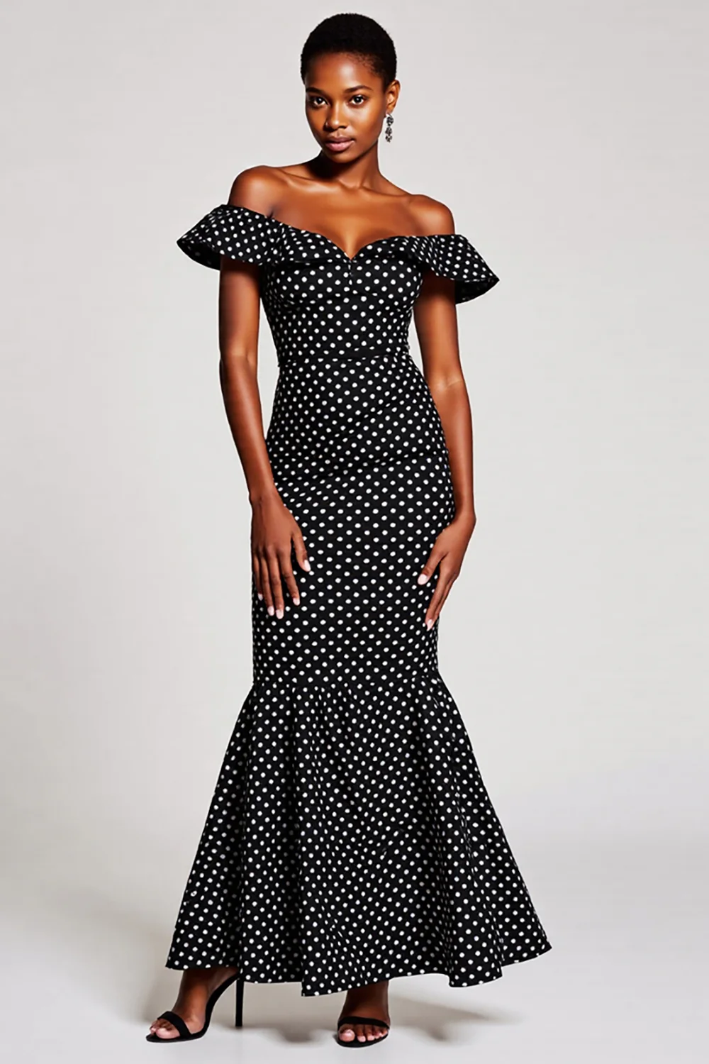Black and White Mermaid Off the Shoulder Maxi Polka Dot Dress - VNBITS