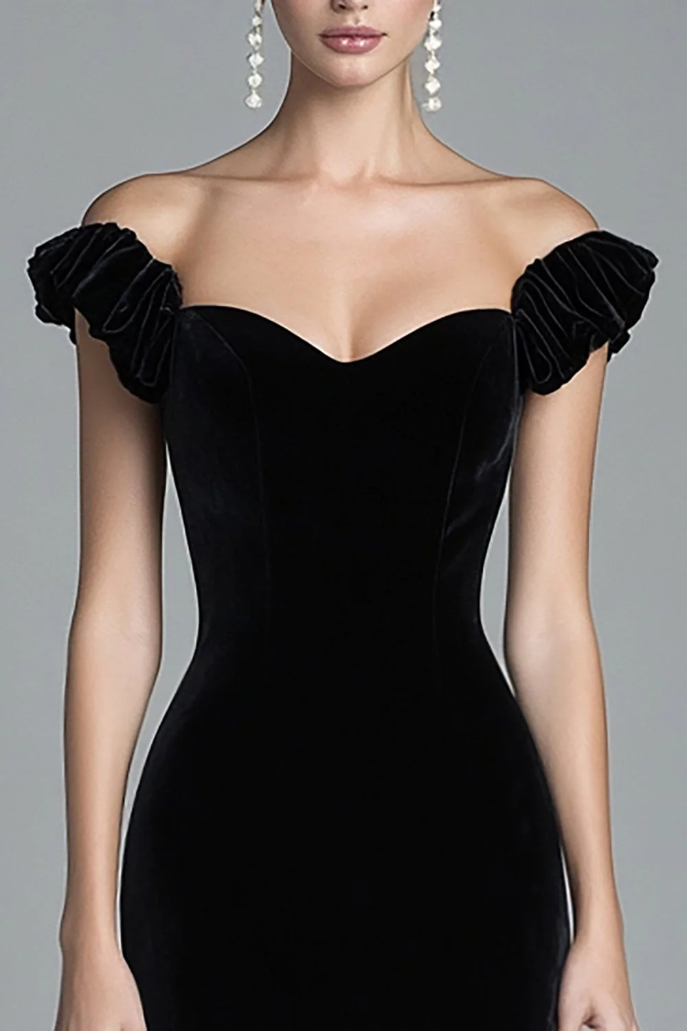 Off the Shoulder Mermaid Black Velvet Long Formal Dress - VNBITS