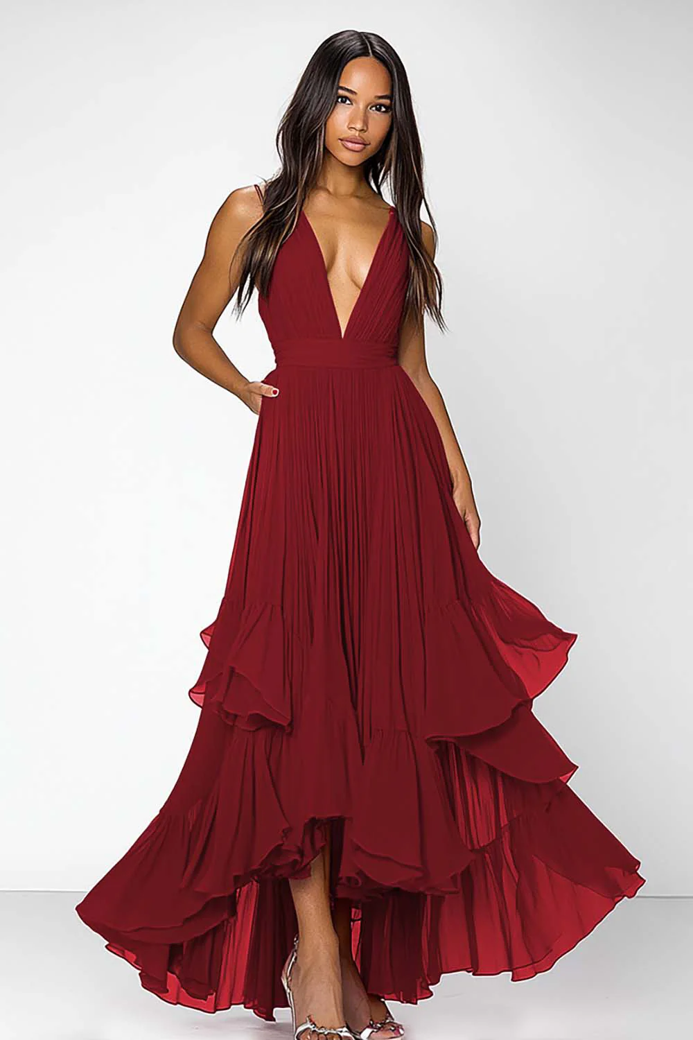 Dusty Blue A Line Deep V-Neck Long Formal Dress with Ruffles - VNBITS