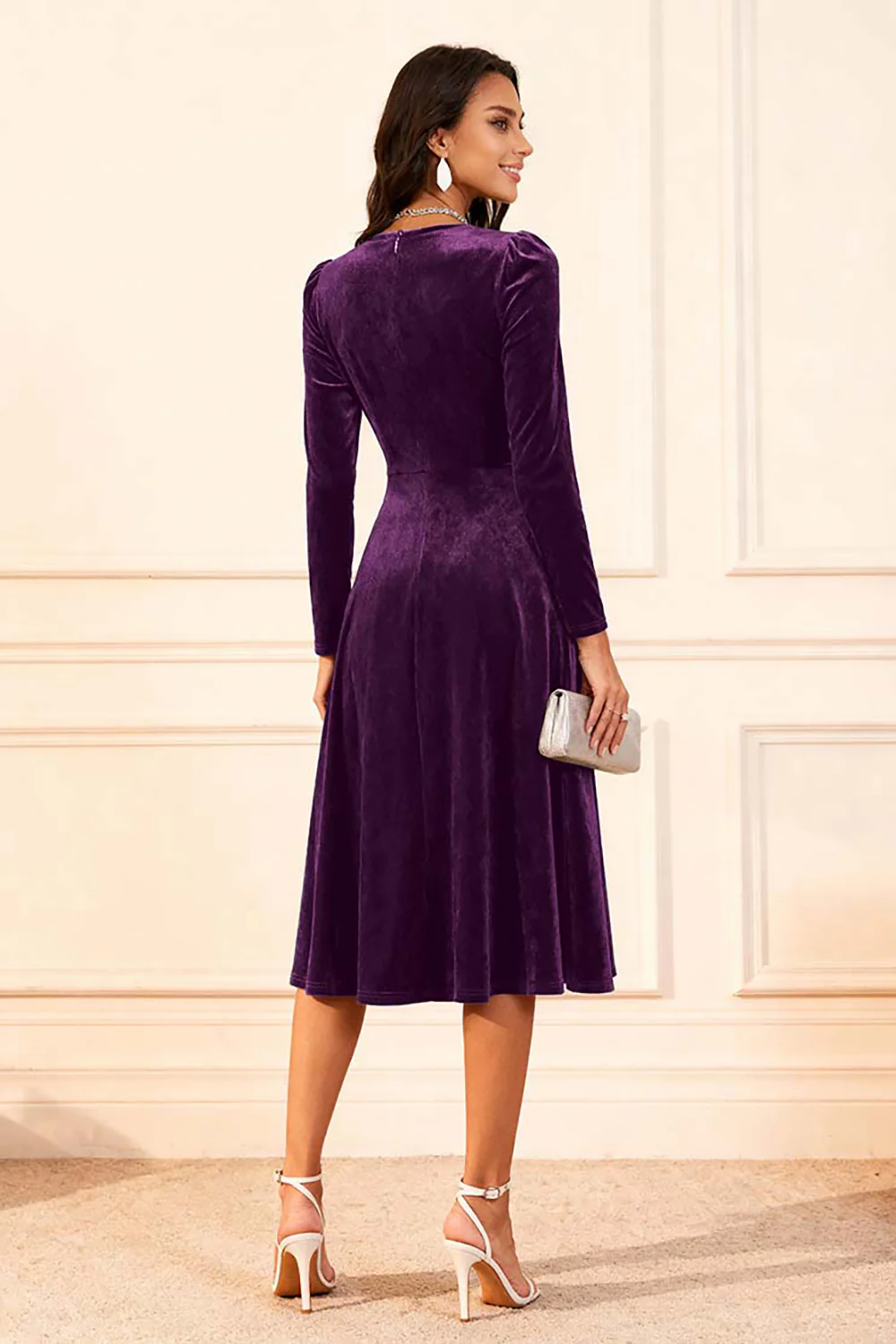 Dark Green A Line Velvet Midi Glitter Holiday Party Dress with Sleeves - VNBITS