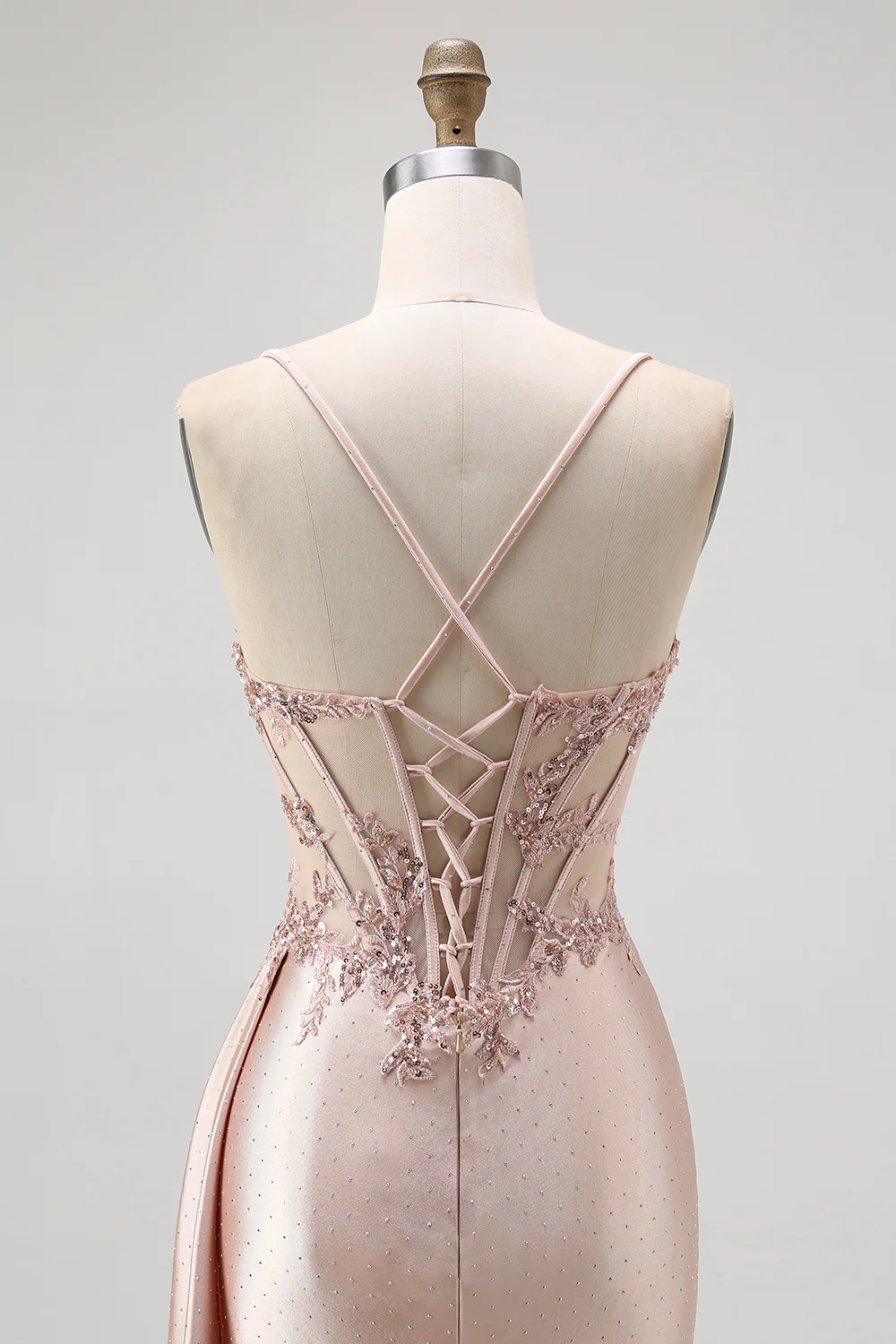 Sparkly Champagne Spaghetti Straps Mermaid Satin Long Prom Dress with Beading - VNBITS