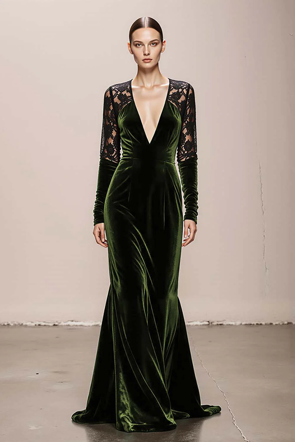Dark Green V-Neck Velvet Mermaid Long Formal Dress with Lace - VNBITS