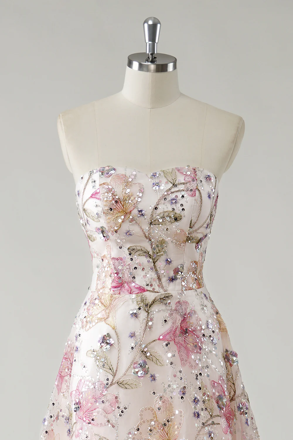 Sparkly Pink Floral A Line Strapless Long Prom Dress - VNBITS