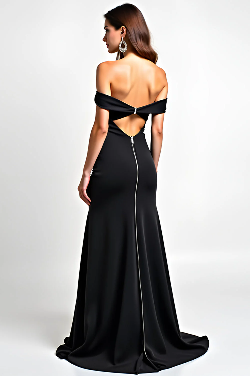 Off the Shoulder Black Mermaid Long Cut-Out Beaded Black Tie Dress - VNBITS