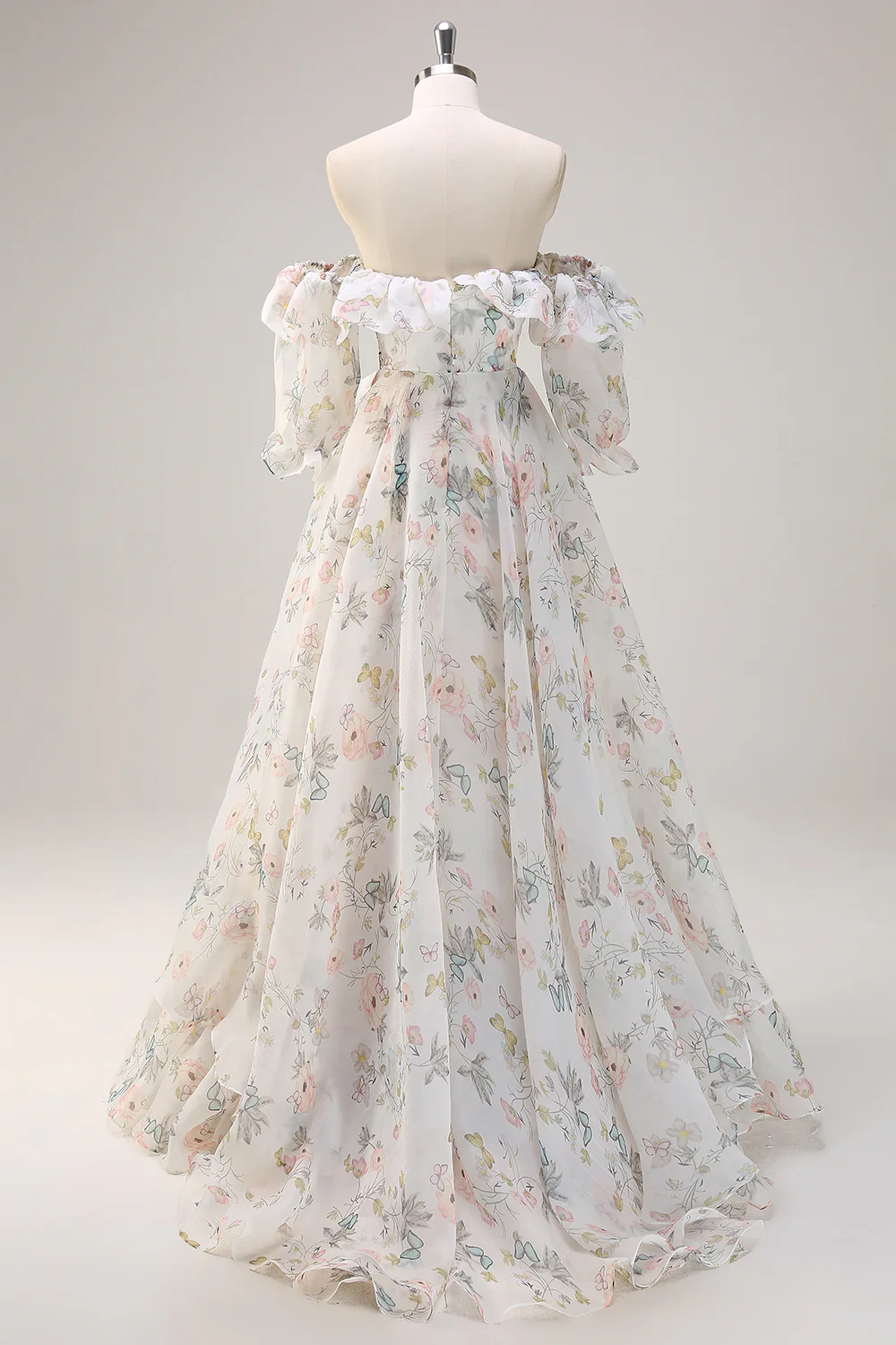 White Floral A-Line Off The Shoulder Ruffles Long Prom Dress with Slit - VNBITS
