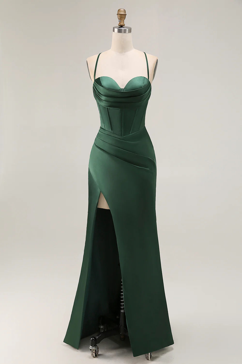 Dark Green Corset Mermaid Satin Long Wedding Guest Dress with Slit - VNBITS