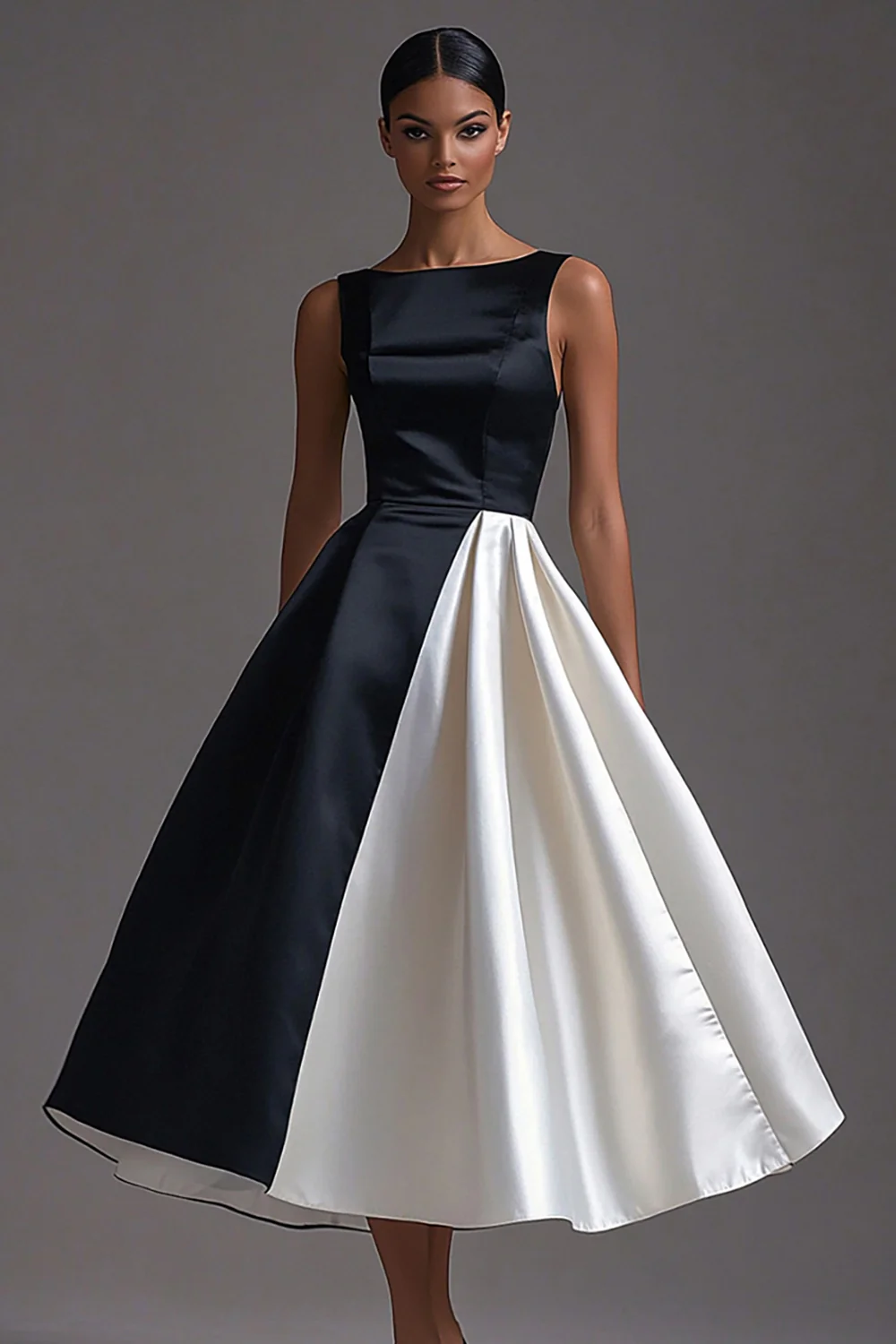 Black White Sleeveless A Line Long Black Tie Dress - VNBITS