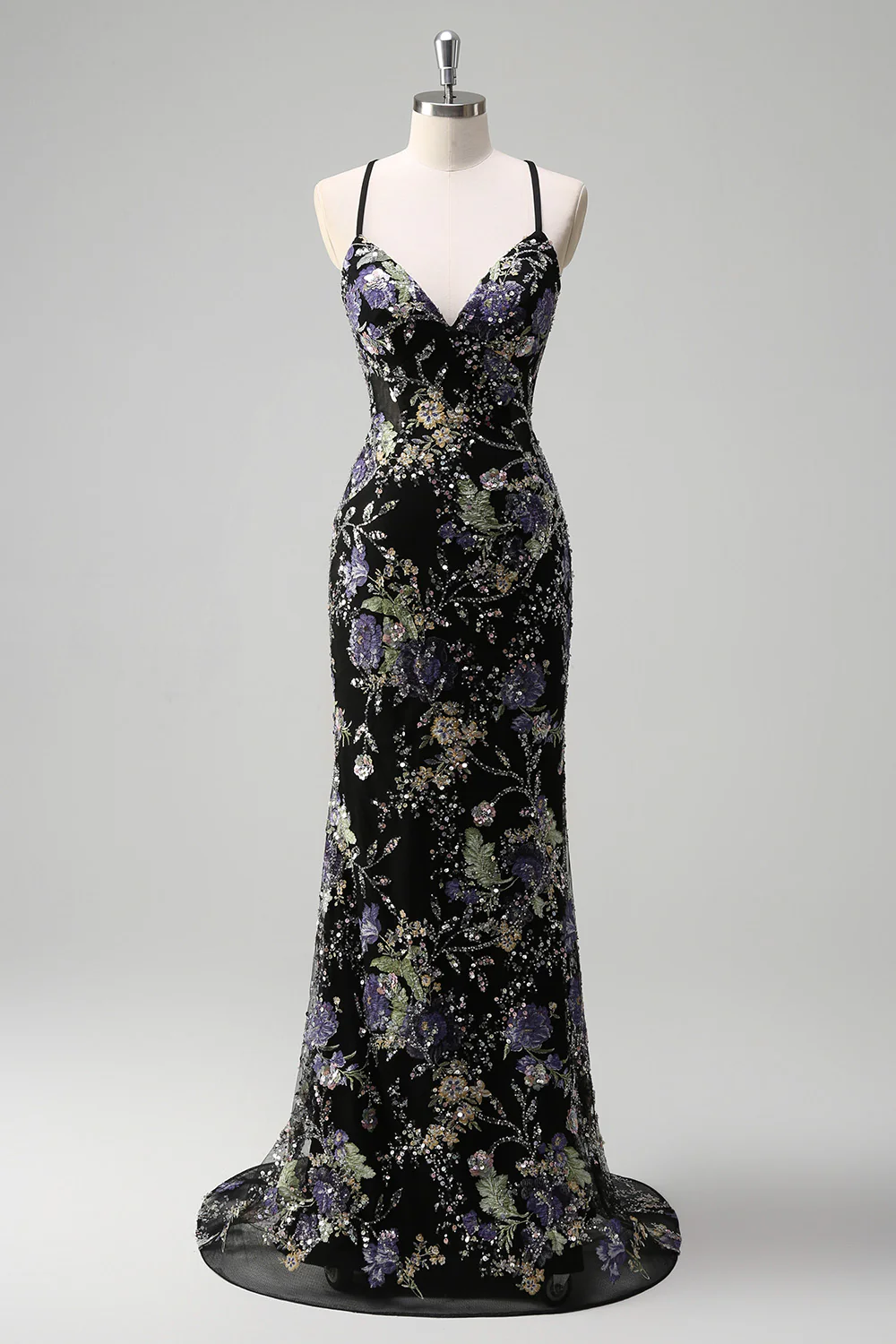 Sparkly Black Floral Mermaid Lace-Up Back Long Prom Dress - VNBITS