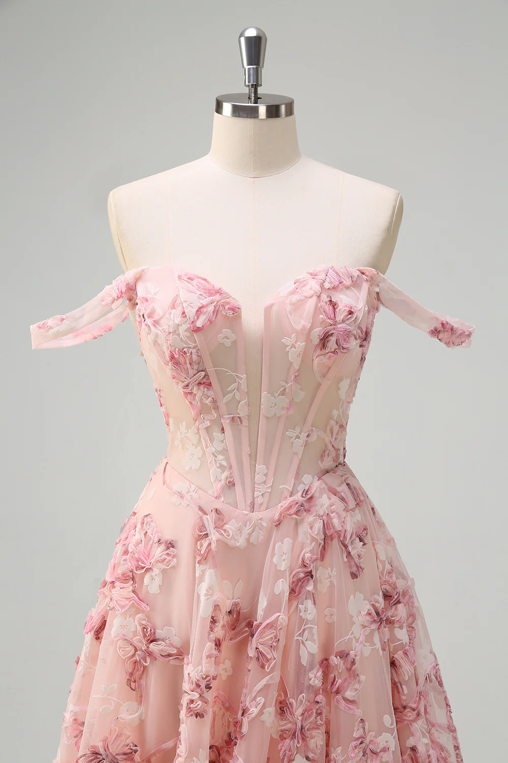 Pink Floral A-Line Off The Shoulder Long Prom Dress with Slit - VNBITS